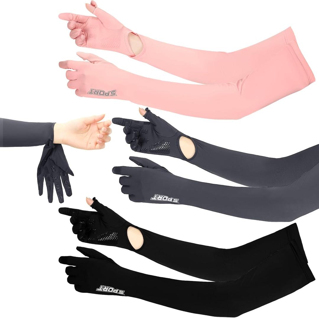 3 Pairs UV Long Sun Gloves Women Touchscreen Driving Arm Gloves | Full Finger Protective, UPF 50+ for Outdoor Sports Cycling