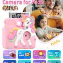 Kids Camera Instant Print with Silicone Cover, Creative Gifts for Girls Age 4-12 Birthday Christmas, 1080P Digital Camera Toy with Memory Card - Pink