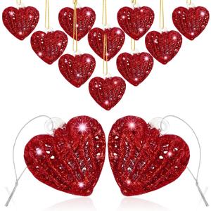 12PCS Heart Ornaments for Valentine Crystal Glass Heart Shape Hanging Ornaments for Christmas Valentine's Anniversary Wedding Party Decoration (Red)