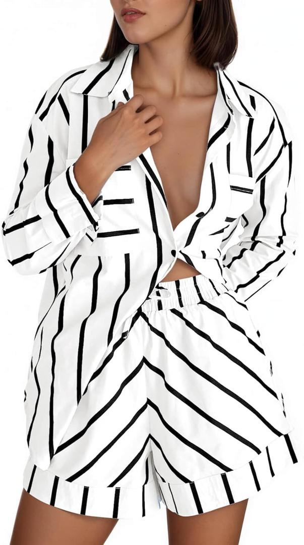 Tankaneo Womens Striped 2 Piece Outfits Button Down Shirts and Shorts Lounge Matching Sets (Medium, White)