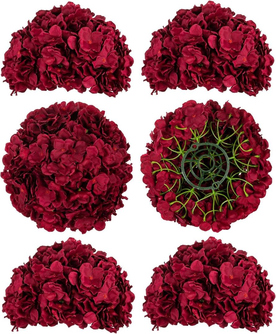 BLOSMON Hydrangea Artificial Flowers Ball Centerpieces 6 Pcs Burgundy Fake Flowers Silk Hydrangea Flower Balls Faux Hydrangeas Floral Arrangements Bouquet for Wedding Home Room Table Decoration