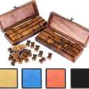 Rancco Alphabet Stamps for Crafts w/ 4 Ink Pad, 84 Pc Vintage Wooden Rubber Stamps w/Storage Box, 2 Set Mini Handwriting Number, Symbol & Letter Stamps for Gift Card Making, DIY Scrapbook, Clay Craft
