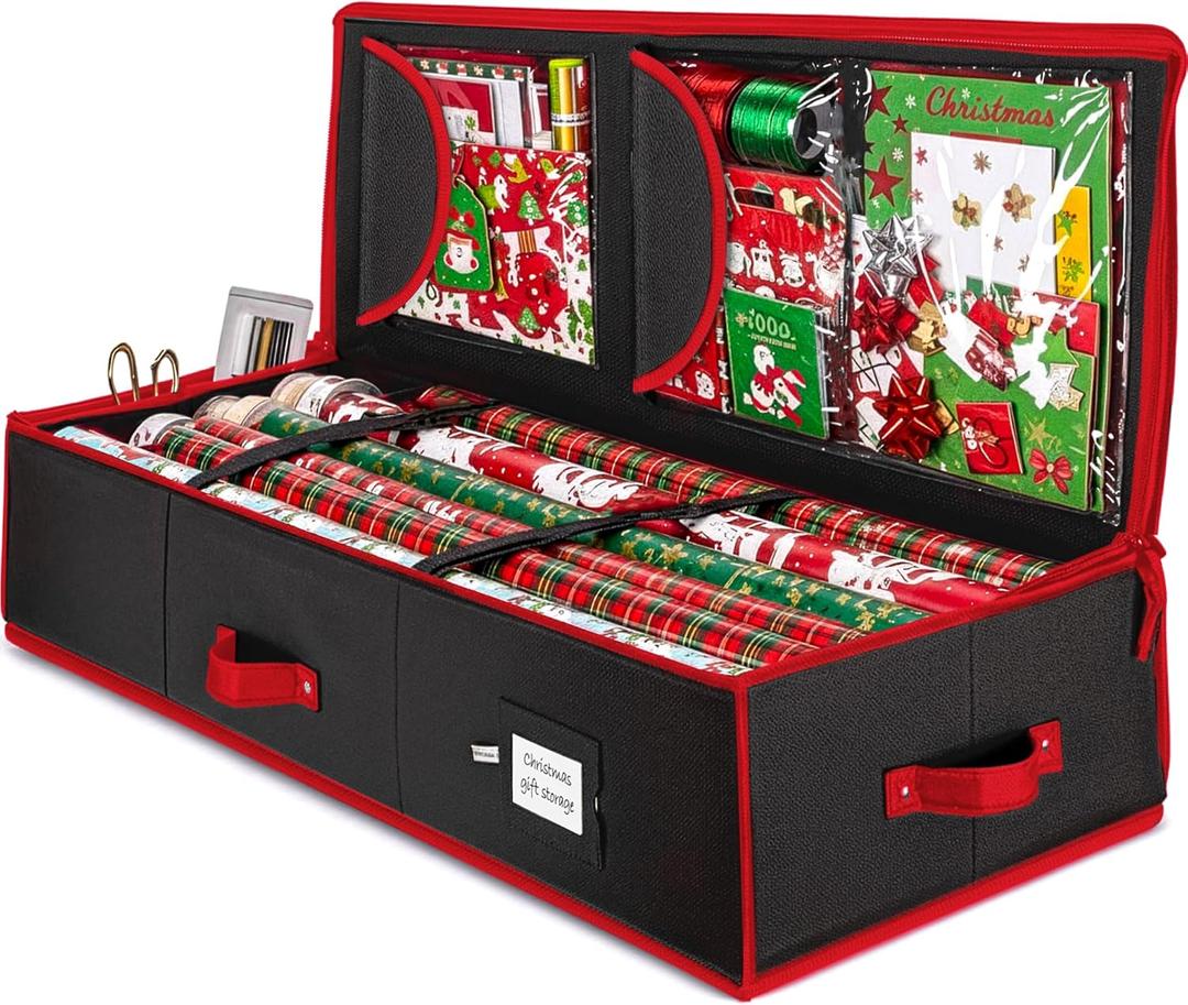 ZOBER Gift Wrapping Paper Organizer Storage - 40" Gift Wrap Storage Containers with Interior Pockets for Bows, Tags & Ribbons - Wrapping Paper Holder, 600D Oxford, Fits 24 Standard Rolls, Black/Red
