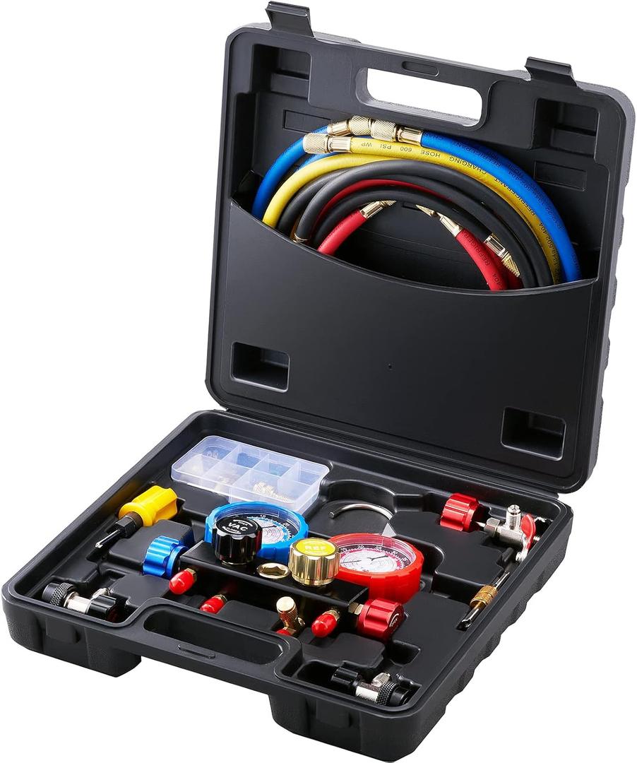 VEVOR 4 Way AC Gauge - AC Manifold Gauge Set for R134A R22 R12 R410A Refrigerant, Freon Gauges with 5ft Hoses, Couplers, Can Tap Works on Car Auto Freon Charging and Evacuation VEVOR 4 Way AC Gauge - AC Manifold Gauge Set for R134A R22 R12 R410A Refrigerant, Freon Gauges with 5ft Hoses, Couplers, Can Tap Works on Car Auto Freon Charging and Evacuation