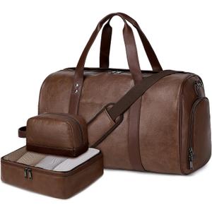 Wogarl 3PCS Faux Leather Weekender Bag for Women Men Large Overnight Travel Duffel Bags with Shoe Compartment Toiletry Packing Cube Carry On Duffle Fit 21" Laptop(Coffee)