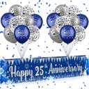 Blue Silver 25th Anniversary Decorations for Men Women, Blue Happy 25th Anniversary Banner and 18Pcs Balloons for 25 Years Silver Wedding Party Decoration Supplies