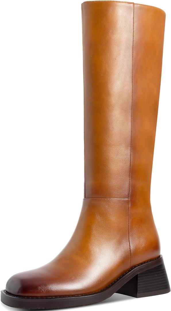 Knee High Boots Women Faux Leather Boots Low Heel Square Toe Side Zipper Fall Long Riding Boots For Women (7, Brown)