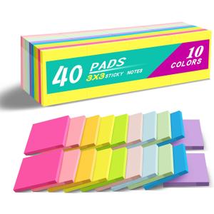 (40 Pads) Sticky Notes 3x3 in,Bright Colors Notepads,Colorful Stickies,Super Sticking Power,Memo Note Pads,Post on Windows Doors,Office,School,Strong Adhesive,Recyclable,Easy to Write on,Hold Well