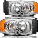 BRYGHT Headlight Assembly Fit for 2002-2005 Dodge Ram 1500 Pickup and 2003-2005 Dodge Ram 2500/3500 Pickup Passenger and Driver Side Halogen Replacement OE Headlamp Chrome Housing & Amber Reflector