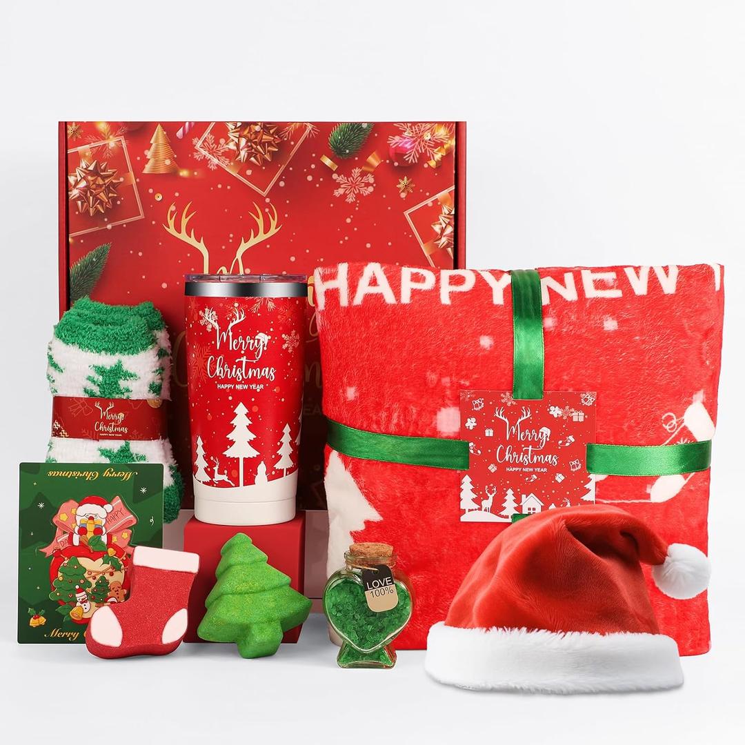 Christmas Gifts Basket for Women, Xmas Self Care Spa Gift Set for Mum, Wife, Best Friend, Sister, Coworkers, Teacher, Nurse, Secret Santa Gifts Box Set Christmas Tumbler (Red-Merry Christmas)