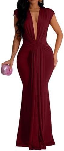 Memoriesea Women's Elegant Sleeveless Deep V Neck Bodycon Party Evening Gown Maxi Dress, Red, L