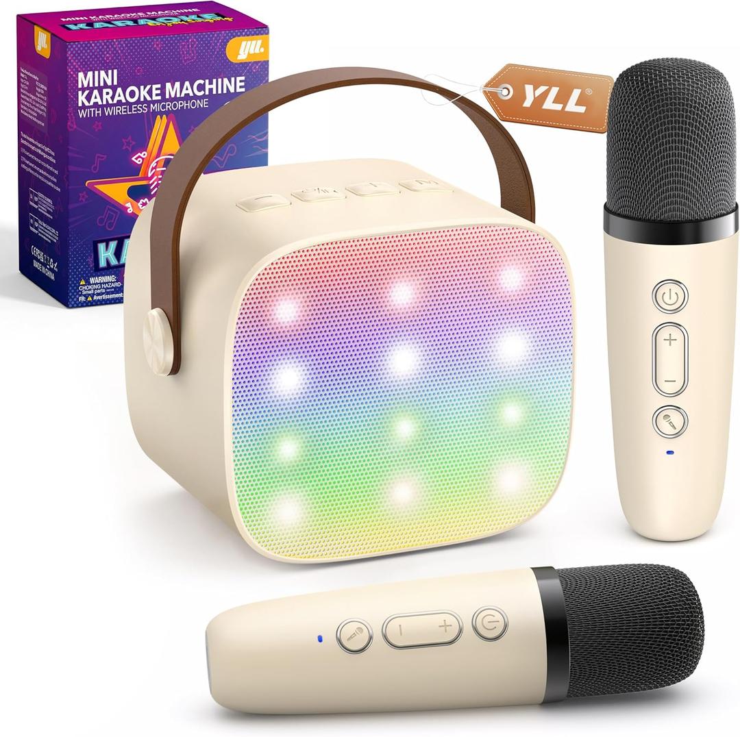Mini Karaoke Machine with 2 Wireless Microphones for Kids Adults, Portable Bluetooth Speaker Gift for Girls Boys Toys 3, 4, 5, 6, 7, 8, 10, 12+ Years Old Teens Birthday Home Family Party (Cream)