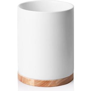 Sweejar Kitchen Utensil Holder with Wooden Bottom, 8.2" Ceramic Utensil Crock to Hold Spatulas for Cooking Countertop, Housewarming, Wedding, Birthday Gift (White)