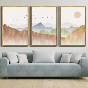 KUVIOKE Landscape Mountain Range Wall Art 24x 36in Large Set Watercolor Ink Wash Nature Scenry Sunrise Flying Bird Farmhouse Rustic Modern Art Decorative for Living Room Bedroom (Natural Framed)