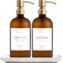 Vine Creations Amber Glass Soap Dispenser, 2 Pack Kitchen Soap Dispenser Set with Ceramic Tray, Stainless Steel Pump, Dish Soap and Hand Soap Dispensers for Bathroom Decor with Waterproof Labels