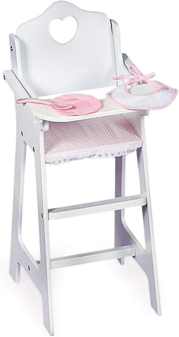 Badger Basket Wooden Baby Doll High Chair - Fits 18" Dolls - Includes Tray, Bib & Free Personalization Kit - Best for Toddler Girls for Pretend Play - White with Pink Gingham Seat