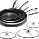 Nonstick Frying Pan Set  8" 10" 12" Titanium Ceramic Skillet with Lid, Stay-Cool Handle,PFAS, PTFE, PFOA-Free, Non-Toxic, Dishwasher & Oven Safe, Compatible with All Cooktops (Glistening Black)