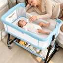 Baby Bassinets Bedside Sleeper with Wheels and Mattress, Cosleeping Baby Bed with Storage, Co-Sleeper Bassinet Attach to Bed, Bed Side Crib with Breathable Mesh, Height Adjustable (Blue), 35.4‘’Lx21.7''W28''-32.7''H