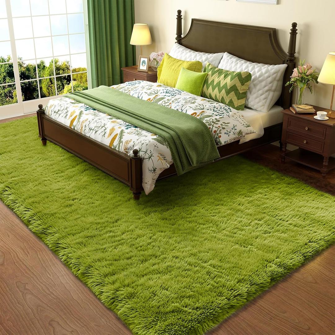 Ophanie Green Rug Grass Area Rugs for Bedroom, 4x6 Shag Fluffy Carpet, Fuzzy Furry Plush Soft Cute Kids Baby Girls Shaggy Bedside Indoor Floor Carpets for Teen Dorm Home Decor Aesthetic, Nursery (4' x 6', 7- Green)