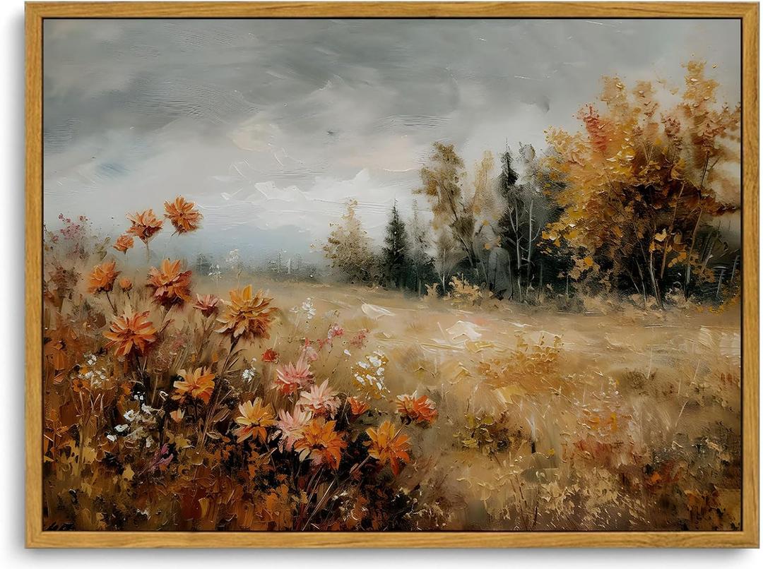 KISSFOX Vintage Framed Wall Art Decor Modern Farmhouse Fall Landscape Pictures Paintings Wall Decor Rustic Autumn Leaves Canvas Art Prints Nature Countryside Artwork For Bedroom Kitchen Living Room (16x24 in)