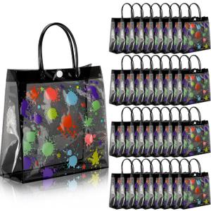 Abbylike 24 Pack Glow in the Dark Gift Bags with Handle Plastic Neon Clear Color Mix Gift Bags Reusable PVC for Glow in the Dark Party Favor Birthday Game Decoration 7.8 x 7.8 x 3.1 Inch