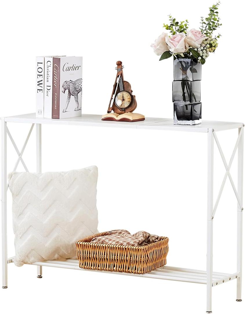 Wimarsbon Sofa Tables, 41.9" Entryway Table with Metal Frame, Narrow Console Entrance Table with Shelf for Hallway, Living Room, Foyer, Corridor, Office (White Faux Marble + White Frame)