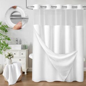 No Hook Shower Curtain with Fabric Liner White Hotel Waffle 75" L x 72" W,PEVA Frosted Window