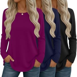 Huukeay 3 Pack Womens Long Sleeve Shirts Crewneck Loose Fit Tops Casual Curved Hem Tees Basic Fall Shirts Size M