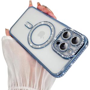 SAKUULO Magnetic Case for iPhone 15 Pro Max 6.7inch Clear Plating,Blue | Compatible with MagSafe,Glitter Sparkly Diamonds Rhinestone with Camera Protector Slim Shockproof Protective Women Girls