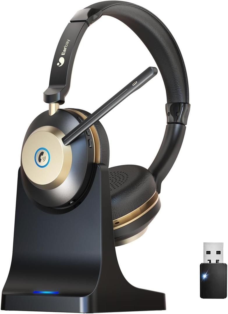 Wireless Headset, 5.3 Bluetooth Headset with Microphone Noise Canceling & USB Dongle, 50hrs Wireless Headphones with Mic Mute & Charge Dock for Call Laptop Computer Phone Teams Office Remote Work (Gold Black)
