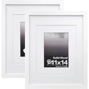2 x Egofine 11x14 Picture Frames Made of Solid Wood 2 PCS White Covered by Plexiglass - for Table Top and Wall Mounting for Pictures 8x10 or 5x7 with Mat Horizontally or Vertically Display Photo Frame