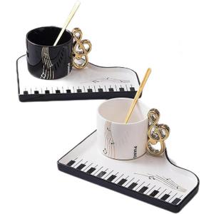 Creative Piano Coffee Mug Ceramic Tea Mug With Saucer and Spoon Coffee Mugs for Office and Home 6.5 oz/200 ml for Tea Latte Milk Holiday Gift (White)