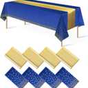 8Pack Disposable Plastic Tablecloths and Satin Table Runner Set Blue and Gold Dot Tablecloth Gold Satin Table Runner for Wedding Birthday Baby Shower Anniversary Christmas New Year Party Decorations