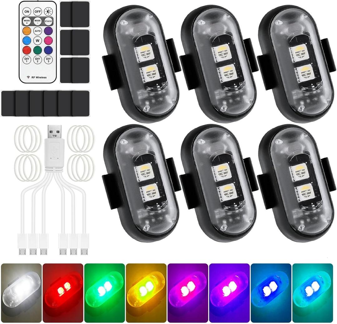 6 Pieces Wireless LED Lights Cars, 8 Colors Waterproof Car Flash with Remote Control, USB Charging Anti-Collision Light Strobe Drone Light for Motorcycle, RC Car, Bicycle, Drone