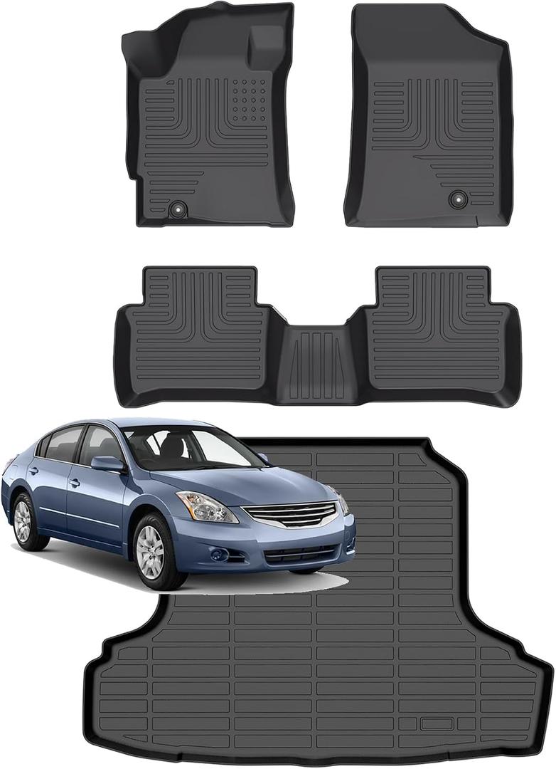 for Nissan Altima Floor Mats 2007 2008 2009 2010 2011 2012(Only for Sedan,4 Door,S | SL | SE | SR)(Not for Coupe), TPE Automotive All Weather Custom Car Floor Mats Cargo Liner Full Set Accessories