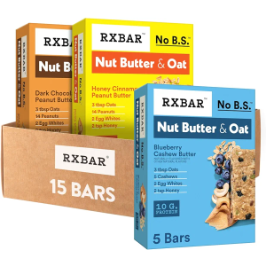 RXBAR Nut Butter and Oat Protein Bars, Protein Snack, Snack Bars, Variety Pack (3 Boxes, 15 Bars), BB Date: 08/08/2026