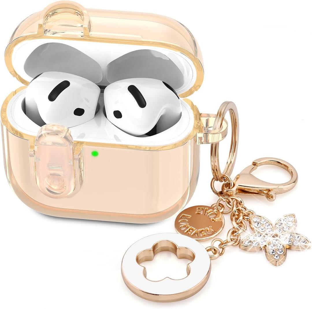 (with Safety Lock) Clear Case Compatible with Cute Apple Airpods 4 Cases 2024 Women, VISOOM Soft TPU Transparency Air pods 4 Gen Case iPods 4 Earbuds Case Girl Bling Keychain for Airpod iPod 4th Gen (Khaki)