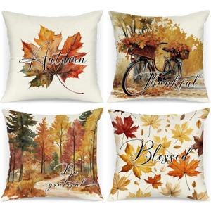 Fall 16x16 Throw Pillow Covers Set of 4, Watercolor Pumpkin Bicycle Decorative Holiday Pillow Case 16 x 16 Autumn Cushion Covers Thanksgiving Pillowcase for Indoor Home Bedroom Sofa Decor