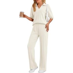 LILLUSORY Womens 2 Piece Ribbed Knit Lounge Sets Casual V Neck Top Pants Vacation Outfits Size M