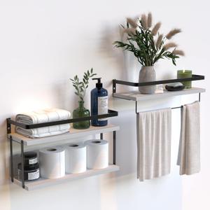 RICHER HOUSE 2+1 Tier Wall Mounted Floating Shelves Set of 2, Rustic Wood Wall Shelf with Metal Frame, Extra Storage Rack for Bathroom, Kitchen, Bedroom with Tissue Rack & Towel Bar - White