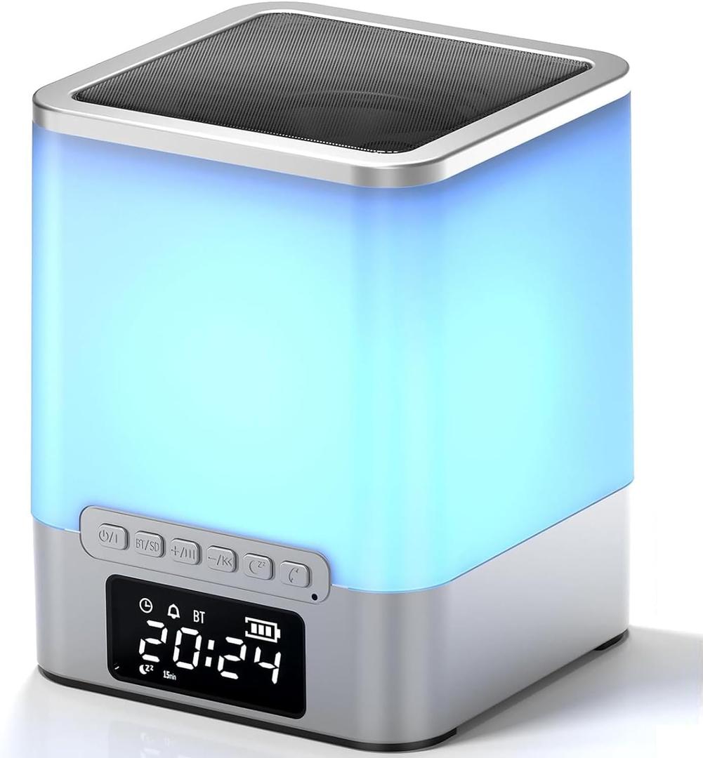 winshine Alarm Clock with RGB Night Light, Bluetooth Speaker, Colorful Music Rhythm Sync, Wake Up with Sound & Light, Touch Control, SD Card/AUX Support, Auto-Off Timer (Silver Quadrate)