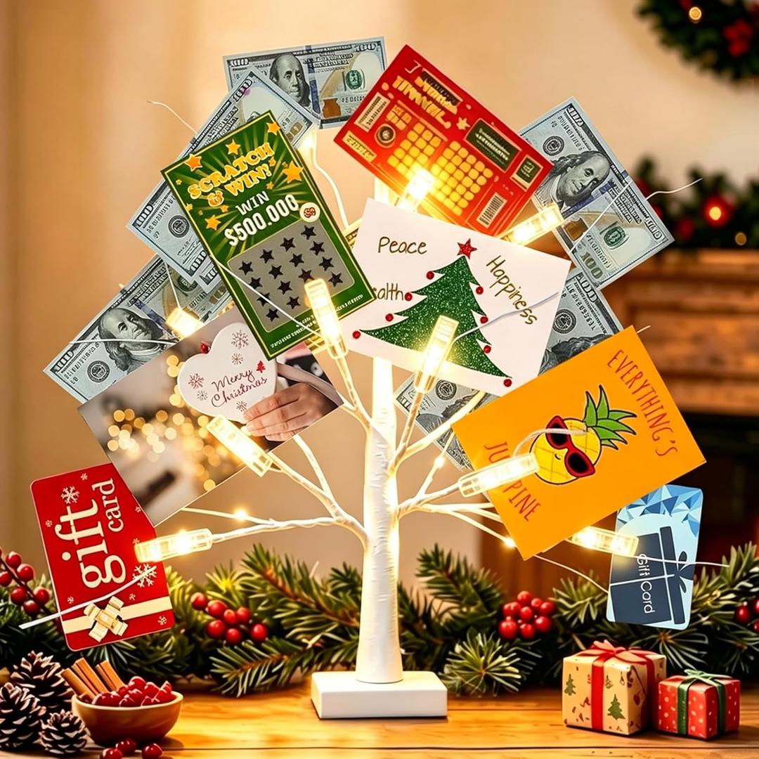 Money Tree Gift Holder, 2FT 24 LED Birch Tree with 12 Clear Clips, Battery Powered Lighted Display Card Trees for Christmas,Wedding, Photo Memo, Birthday GraduationWhite