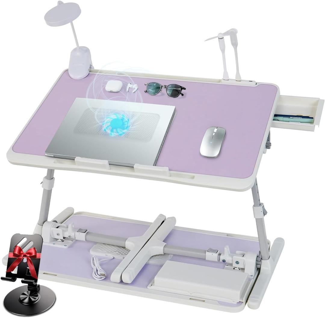iXTRA Laptop Lap Desk with Cooling Fan - Adjustable with Light, USB, Storage Drawer - Folding Bed Desk,23.62"*15.74", Purple