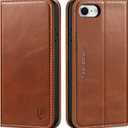 SHIELDON Wallet Case for iPhone SE 2022/2020, Genuine Leather Folio Magnetic Shock Absorbing Case Credit Card Holder Kickstand Compatible with iPhone 8/7 4.7" - Retro Brown