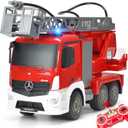Benz Licensed Remote Control Fire Truck, RC Fire Truck Toy, Rechargeable Construction Truck Toys with Alarm Lights, Hose, Working Water Pump and Rotating Rescue Ladder Fire Truck Toys Gift for Kids