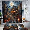 MEHOFOND Halloween Shower Curtain Sets 4Pcs with Shower Curtain,Non-Slip Rugs,Toilet Lid Cover, Bath Mat and 12 Hooks Castle Moon Night Scary Evil Pumpkin Halloween Bathroom Decor Set