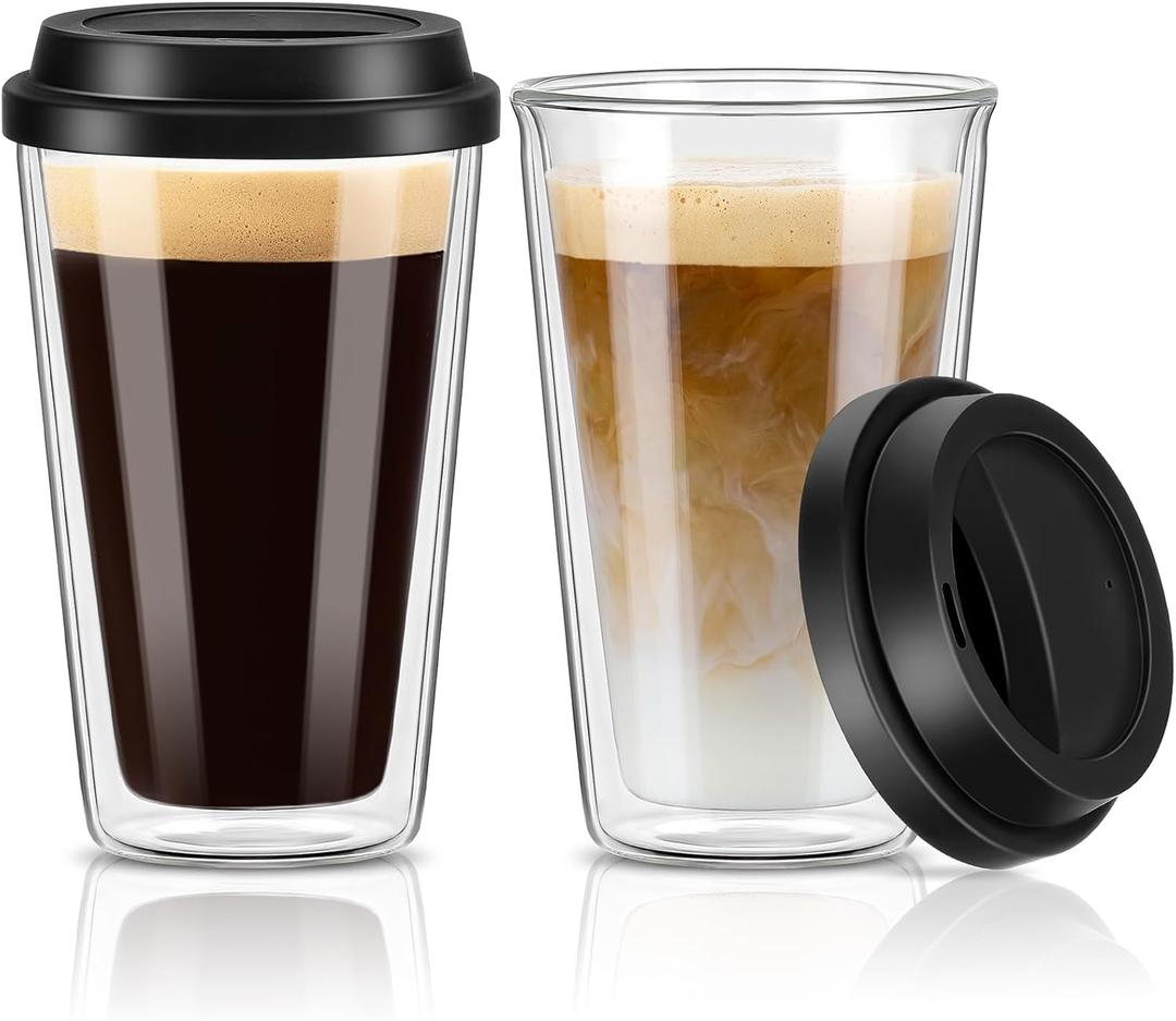 2 Packs Double Walled Glass Coffee Mugs with Silicone Lids, 12 OZ Reusable Glass Coffee Cups, Insulated Coffee Mugs, Cappuccino,Tea,Latte,Iced Coffee Cups, Glass Travel Mug, Heat Resistant, Clear 