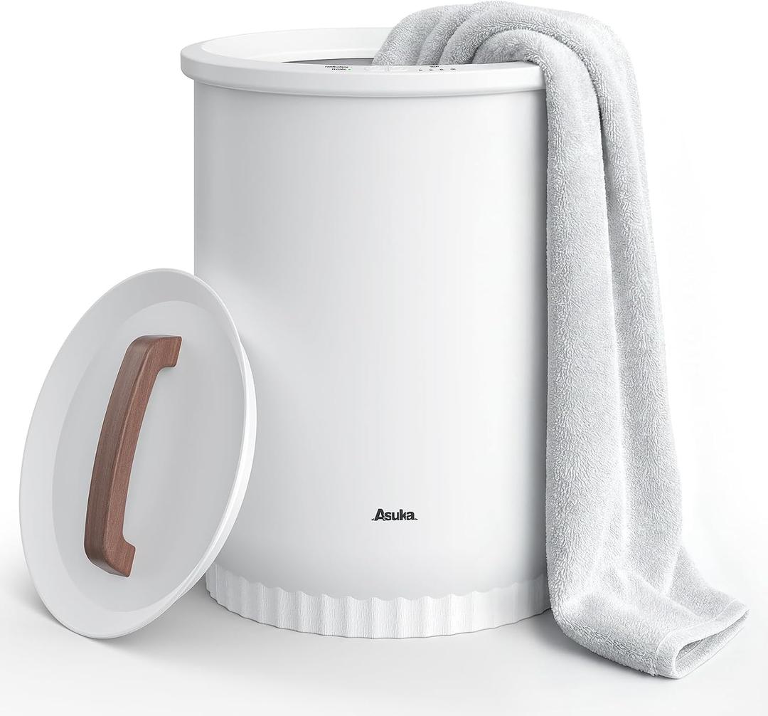 Asuka Towel Warmer for Bathroom - Large Towel Warmer Bucket with Wood Handle, Auto Shut Off, 4 Time Delay Settings, Fits Two 40"X70" Oversized Towels, Bathrobes, Blankets, PJ's and More, White
