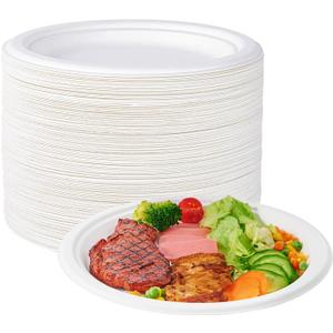 ECOLipak 100% Compostable 10 Inch Heavy Duty Paper Plates, 150 Pack Disposable Biodegradable Eco-friendly Sugarcane Bagasse Plates for Dinner Party(White)