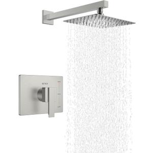 KENES Brushed Nickel 10-Inch Shower Head and Handle Set, Square Shower Faucet Set Bathroom Rainfall Shower System Wall Mount, KE-6024B (Shower Valve Included)